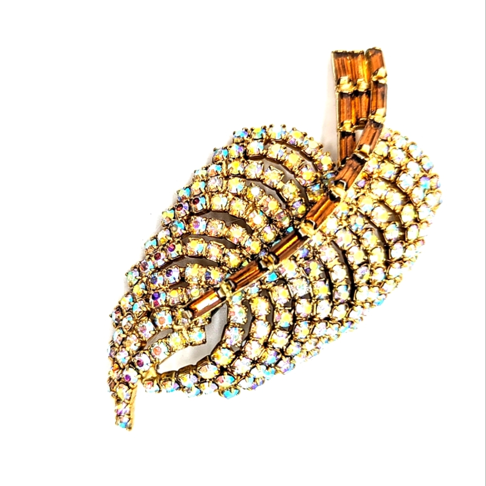 Vintage Rhinestone AB And Brown Chaton Style Rhinestone Leaf Pin Brooch‎